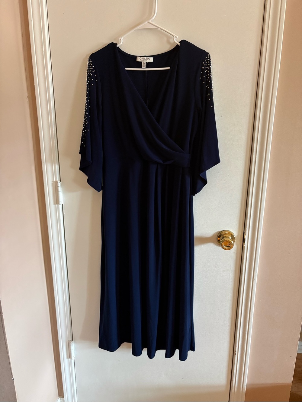 Chaus Navy Faux-Wrap Midi Dress with Beaded Shoulders